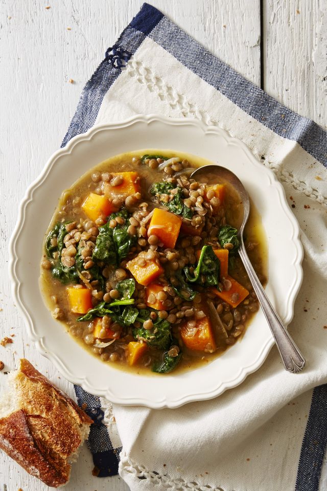 butternut squash and lentil stew on a white plate