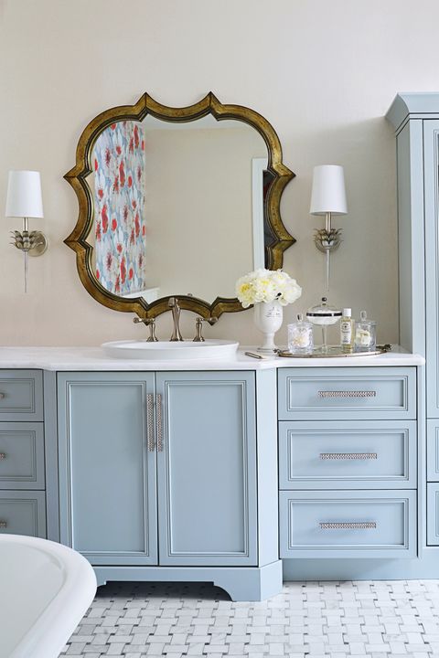 bathroom paint colors, bathroom with cream walls and a powder blue vanity