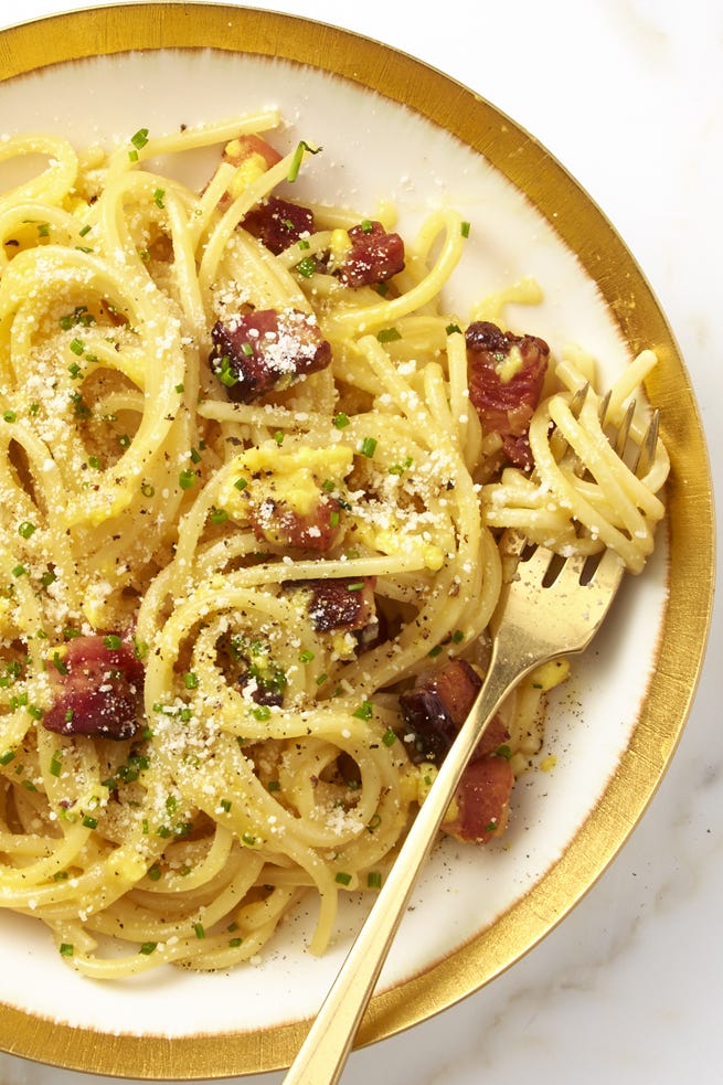 scrambled carbonara on a plate with a fork