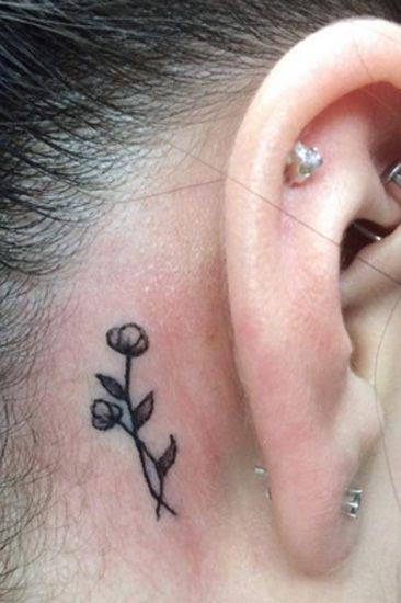 Tiny blue flower behind the ear tattoo - Tattoogrid.net