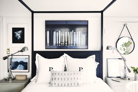 Bedroom, White, Room, Interior design, Furniture, Bed, Ceiling, Property, Black-and-white, House, 
