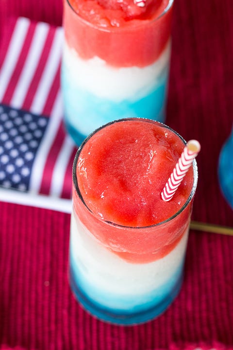 an aerial view of a red white and blue slushy with a straw