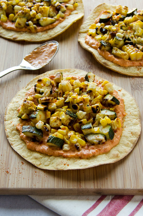 Grilled Corn and Zucchini Tostadas with Spicy Hummus