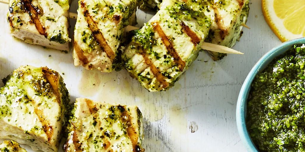 Best Swordfish Kebabs with Mint Pesto Recipe How to Make Swordfish Kebabs with Mint Pesto