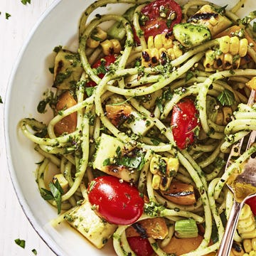 summer pesto pasta with corn, tomatoes, yellow squash spaghetti