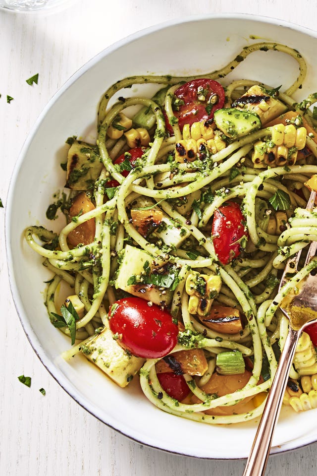 summer pesto pasta with corn, tomatoes, yellow squash spaghetti