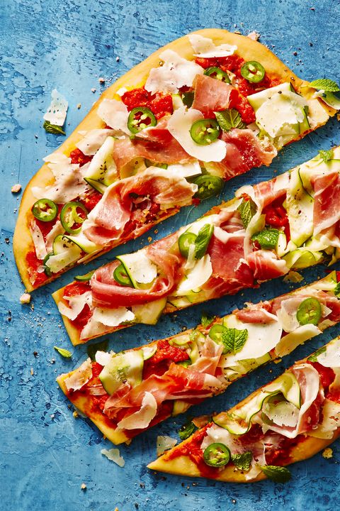 shaved zucchini and prosciutto grilled pizza   summer dinner recipes