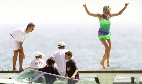 Princess Diana, on vacation in Saint Tropez on a yacht with the Al-Fayed family.