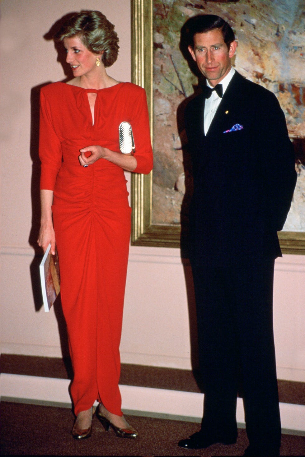 melbourne, australia   october 28  princess diana and prince charles at the national galley in melbourne she is wearing a dress designed by fashion designer bruce oldfield  photo by tim grahamgetty images