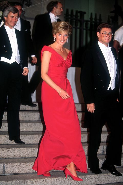 The Princess of Wales leaves a gala dinner in Washington DC, wearing a red Victor Edelstein dress, October 1990.  (Photo by Jayne Fincher/Princess Diana Archive/Getty Images)