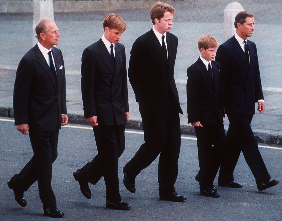 Prince Philip, the Duke of Edinburgh, Prince William, Earl Spencer, Prince Harry and Prince Charles