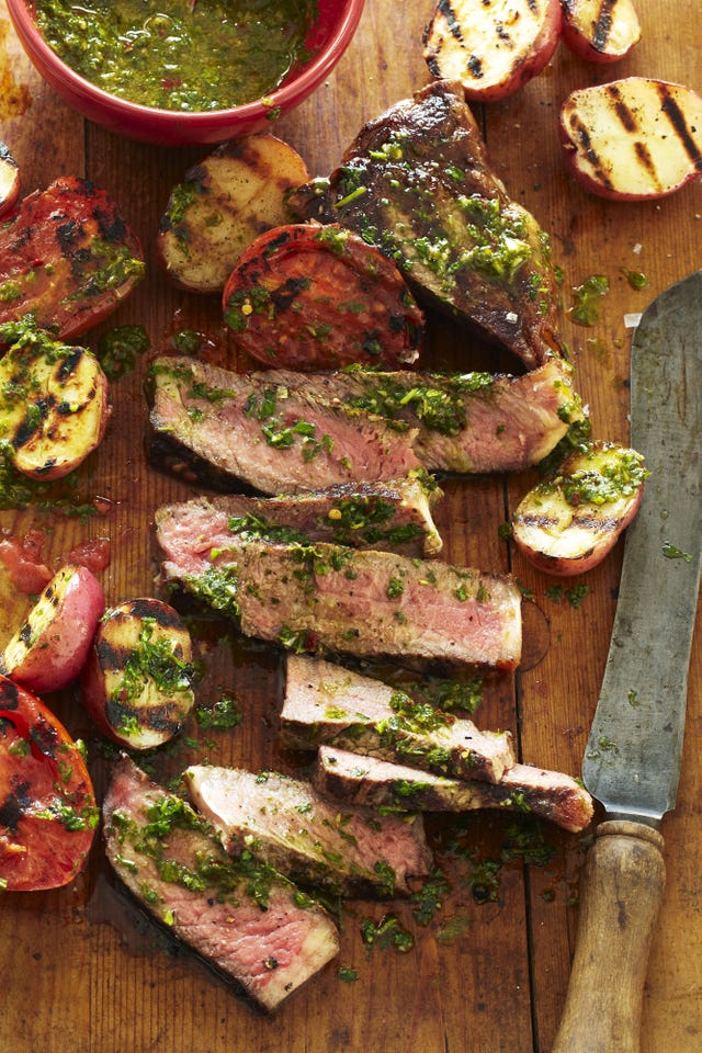 chimichurri strip steak tomatoes potatoes recipe gh 0817