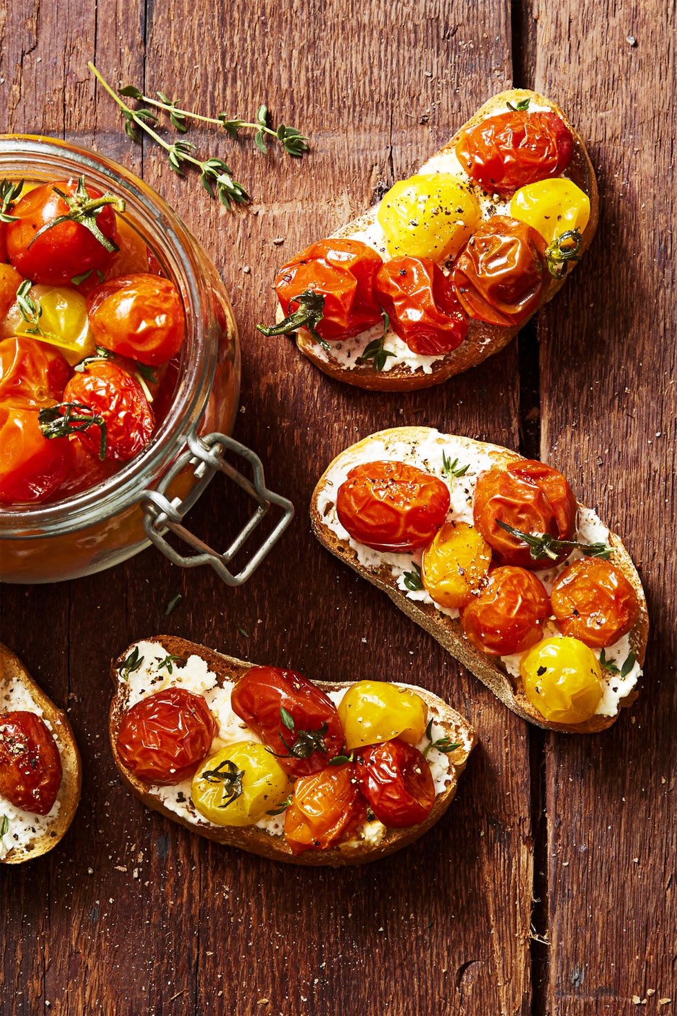 cherry tomato confit on slices of bread