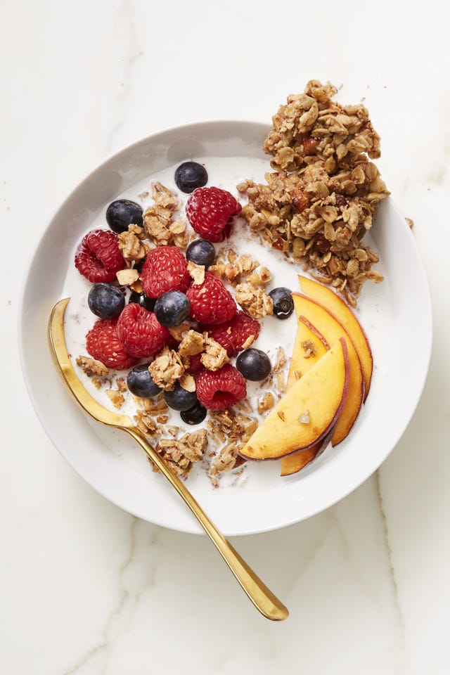 air fryer maple granola bark with yogurt, berries, and apple slices