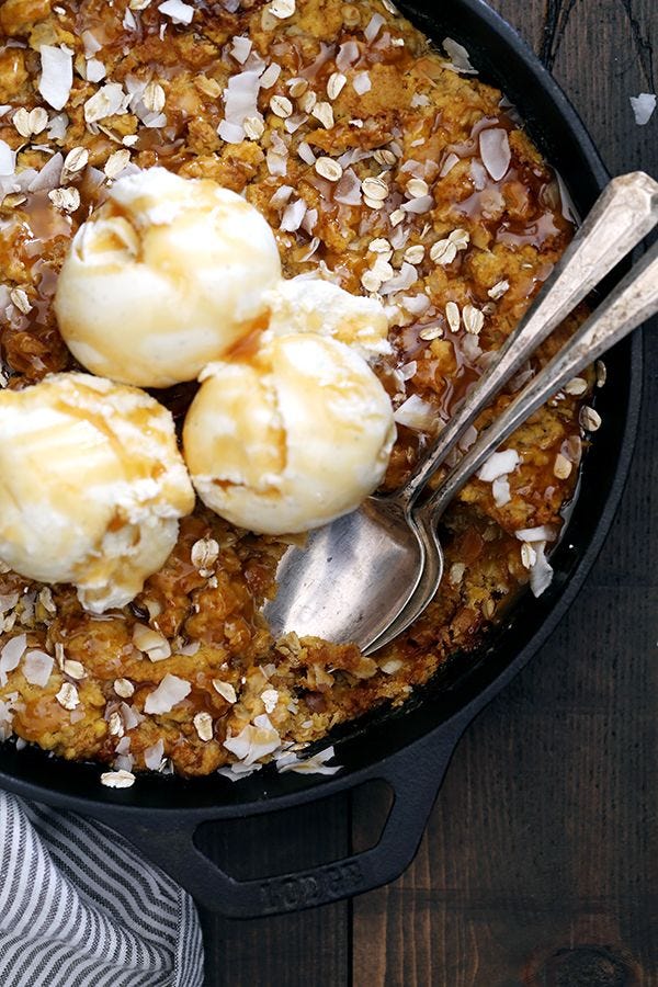 Coconut Caramel Pumpkin Oatmeal Skillet Cookie