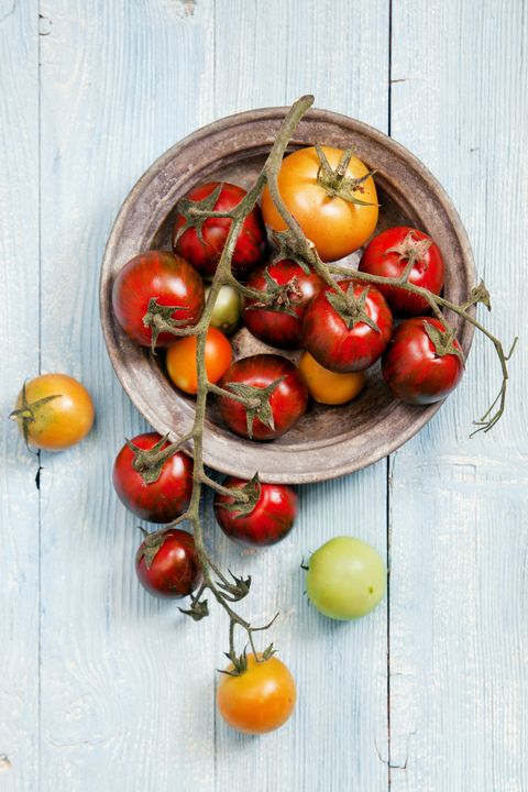 tomatoes on the vine in a wooden bowl on a blue wooden table