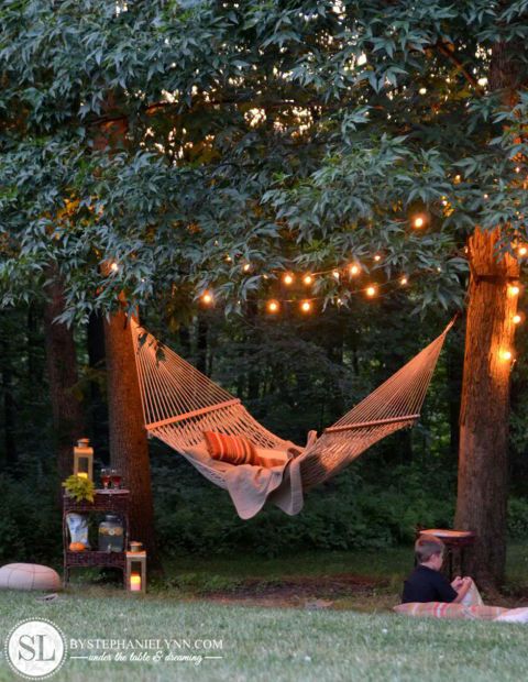 backyard string lights hammock