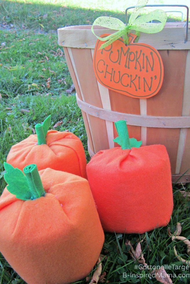 Halloween games, DIY pumpkins, red pumpkins next to a bin labeled Chuckin'