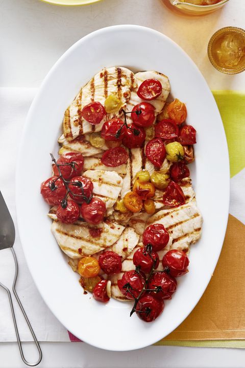 low calorie roasted baby vine tomato grilled chicken  meal