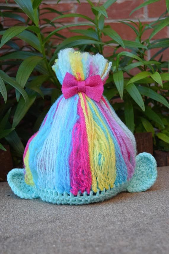 Crochet, Pink, Turquoise, Yellow, Dress, Textile, Headgear, Knitting, Turquoise, Costume accessory, 
