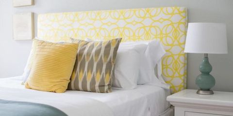 Yellow, Furniture, Room, Wall, Bed, Bedroom, Pillow, Interior design, Bedding, Wallpaper, 