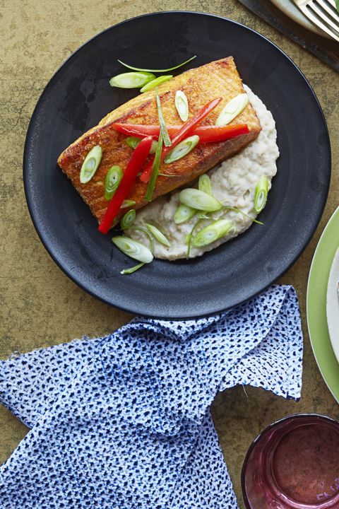 spicy salmon over creamy eggplant