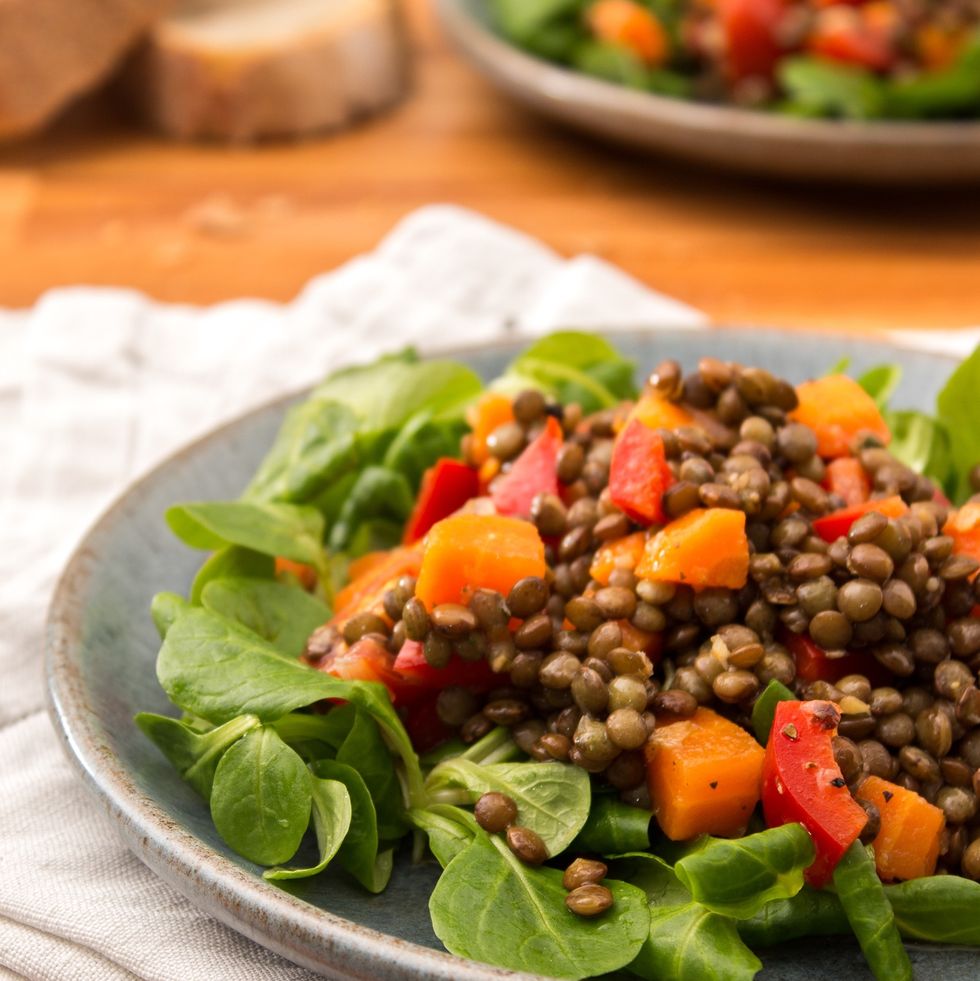 lentil salad on spinach greens on a grey plate