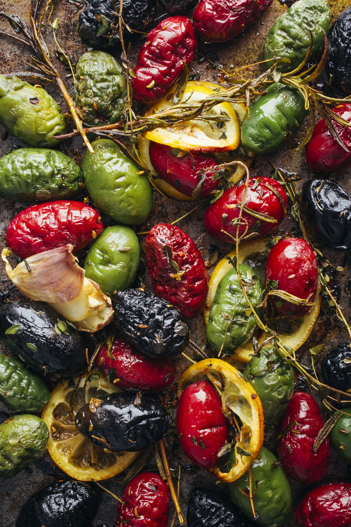 roasted olives with lemon, garlic and herbs