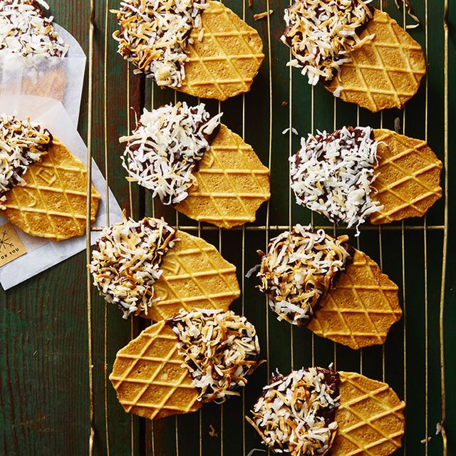 waffle dippers coated in chocolate and shredded coconut