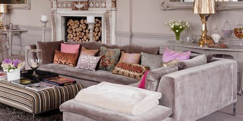 Living room, Furniture, Room, Interior design, Couch, Pink, Table, Coffee table, studio couch, Chair, 