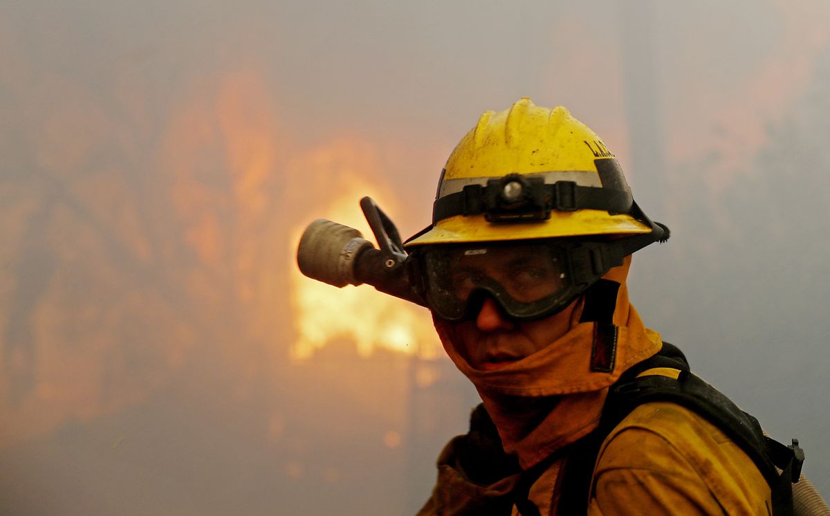Firefighter, Yellow, Personal protective equipment, Hard hat, Helmet, Headgear, Hat, Landscape, 