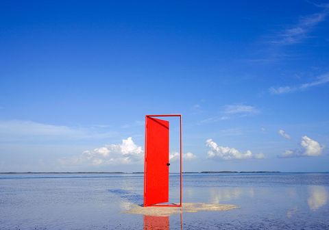 Blue, Sky, Red, Water, Sea, Calm, Horizon, Reflection, Architecture, Lake, 