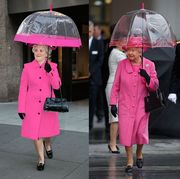 Pink, Umbrella, Clothing, Outerwear, Fashion, Coat, Street fashion, Rain, Material property, Fashion accessory, 