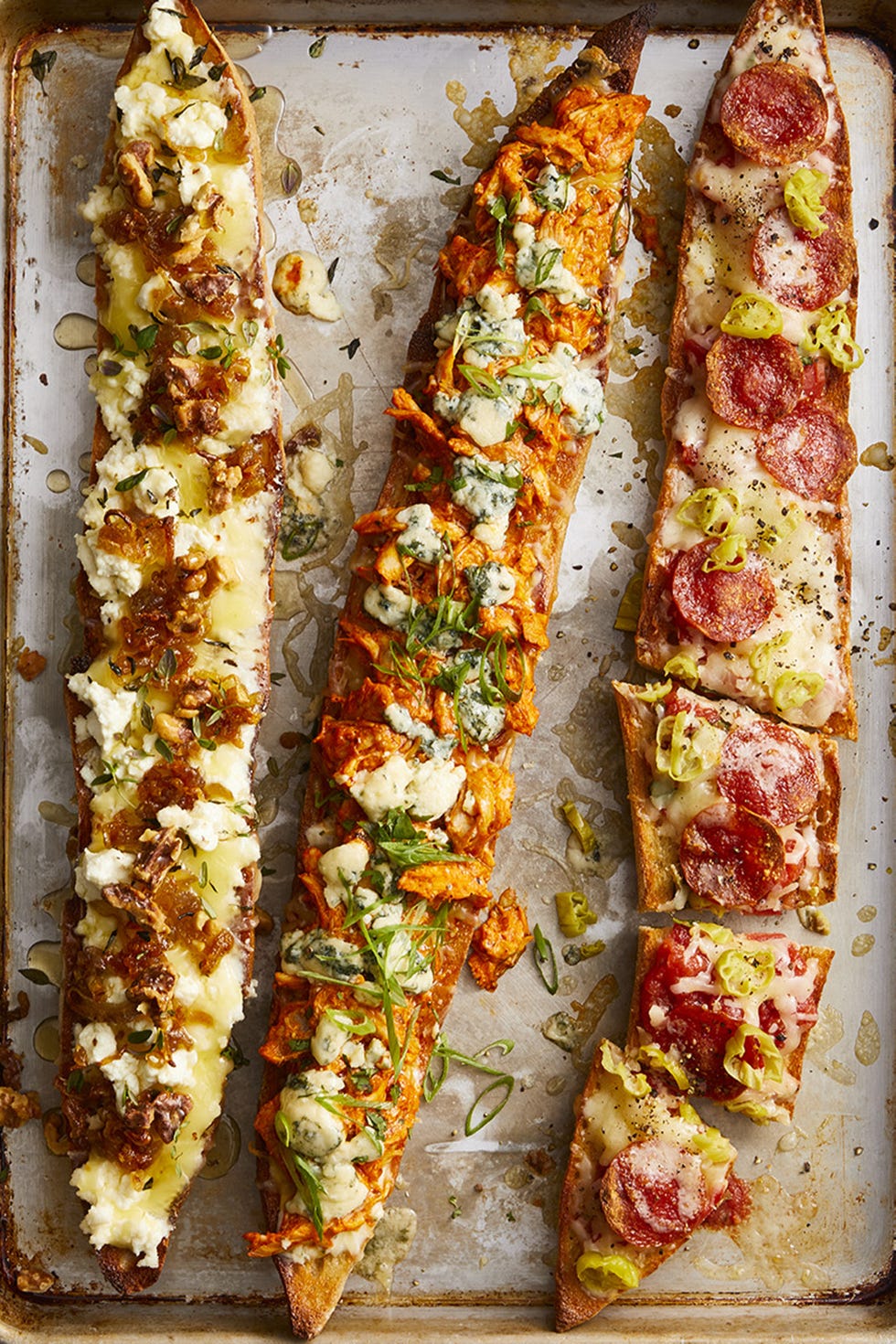 buffalo chicken baguette pizza, caramelized shallot baguette pizza and pepperoni baguette pizza