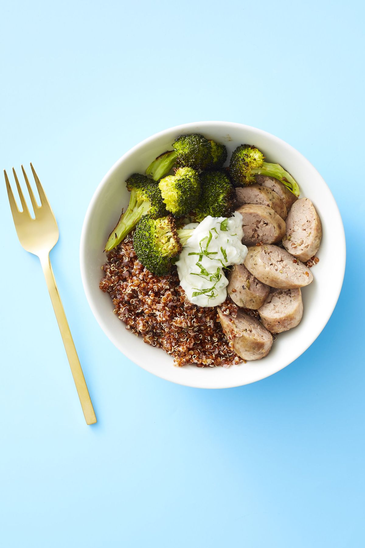 make ahead meals, sausage and broccoli quinoa bowl