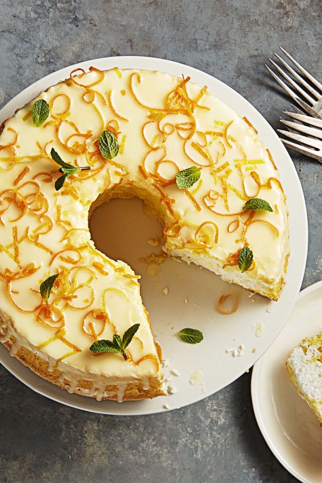 daffodil cake with citrus shavings and fresh mint