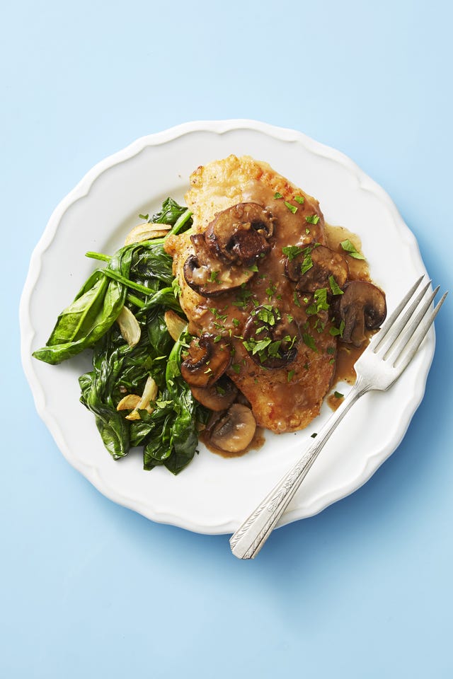 chicken marsala with sautéed greens on the side