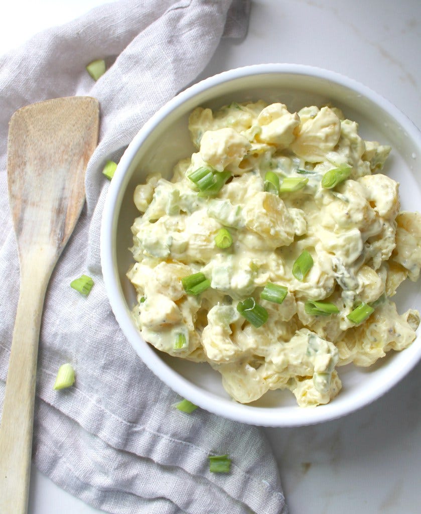 a bowl of vegan potato salad
