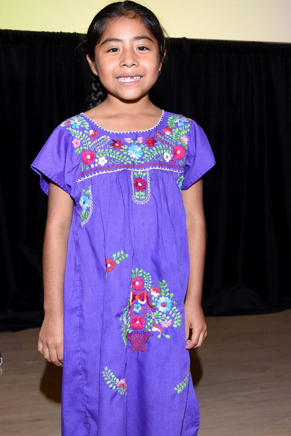 Clothing, Blue, Purple, Smile, Dress, Child, Formal wear, Fashion design, Pattern, Magenta, 