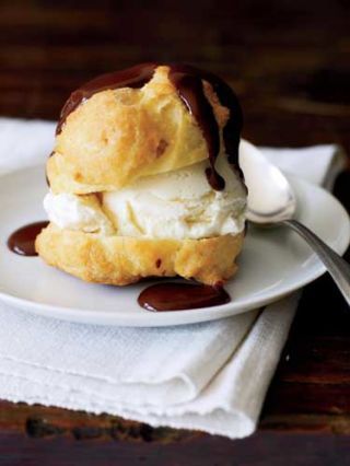 cream puffs with ice cream and dark chocolate sauce