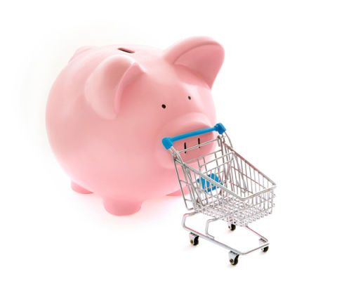 piggybank pushing a mini shopping cart