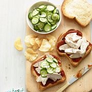 bbq chicken sandwiches and pickled cucumbers