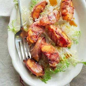 grilled peaches with smoked ham and sorghum