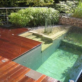 Body of water, Grass, Wood, Property, Landscape, Shrub, Wood stain, Hardwood, Garden, Water feature, 