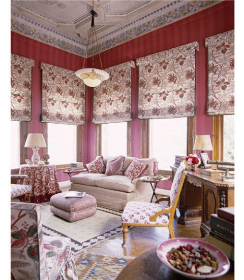 pink room with lots of patterns in white and pink