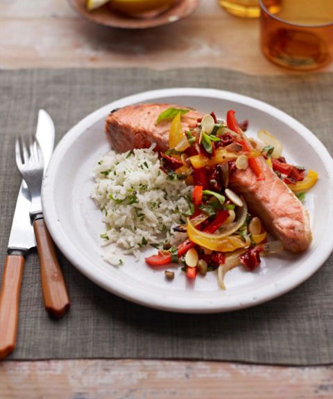 salmon steaks tricolor pepper relish