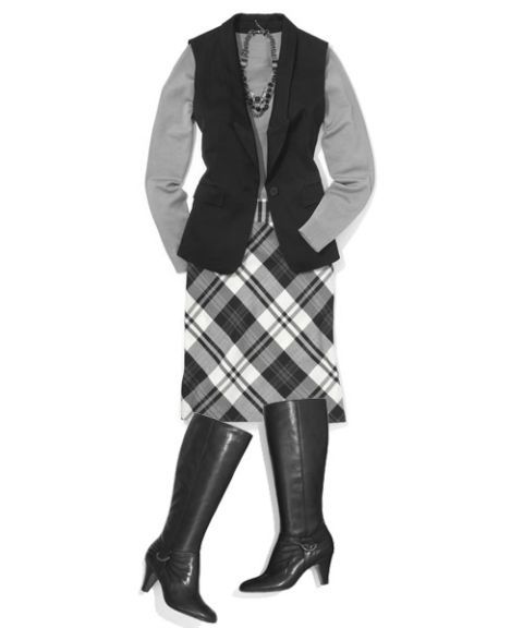 lapel collar vest and plaid pencil skirt outfit
