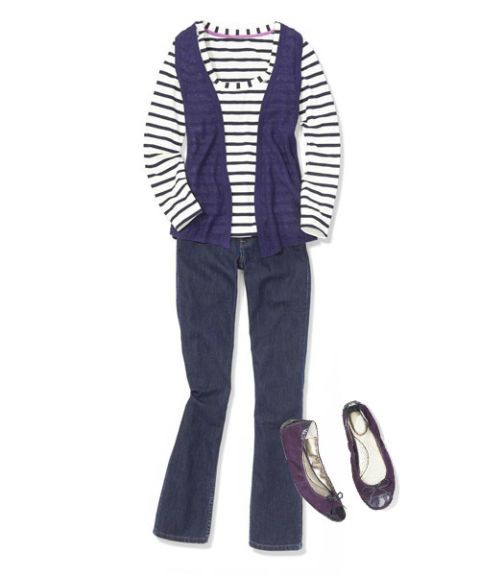 purple knit vest with jeans and ballet flats outfit
