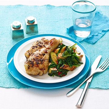 lemon roasted chicken with spicy zucchini and spinach