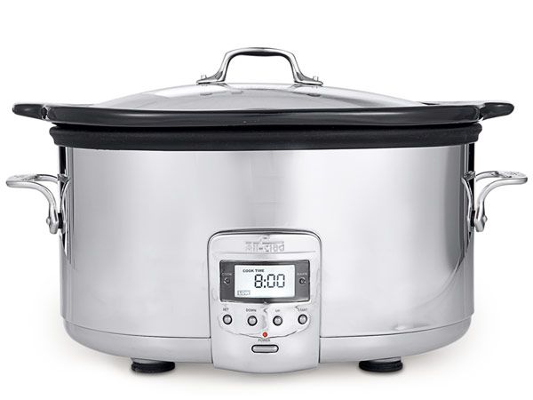  All-Clad Electrics Stainless Steel and Cast Iron Slow Cooker 5  Quart 7-in-1 Slow Cook High/Low, Braise, Sauté, Simmer, Manual, Keep Warm  1200 Watts Stove and Oven Safe Black Enamel Crock Insert